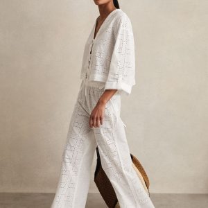 White Poppy Cotton Broderie Side-Tie Trousers