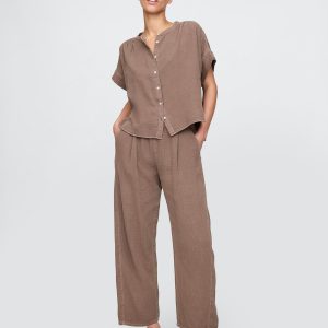 Brown 100% Cotton Crinkle Gauze Easy Barrel Trousers