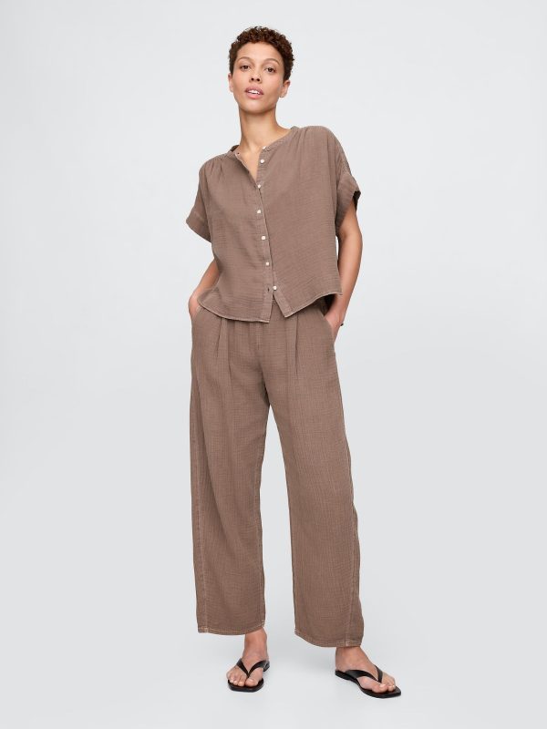 Brown 100% Cotton Crinkle Gauze Easy Barrel Trousers