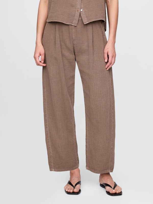 Brown 100% Cotton Crinkle Gauze Easy Barrel Trousers - 图片 2