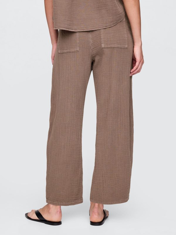 Brown 100% Cotton Crinkle Gauze Easy Barrel Trousers - 图片 3