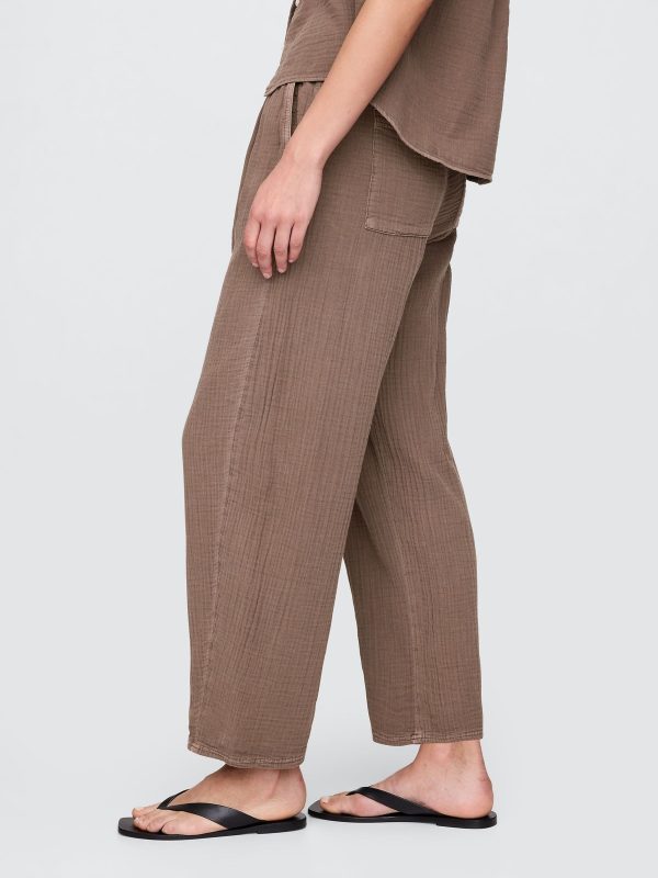 Brown 100% Cotton Crinkle Gauze Easy Barrel Trousers - 图片 4