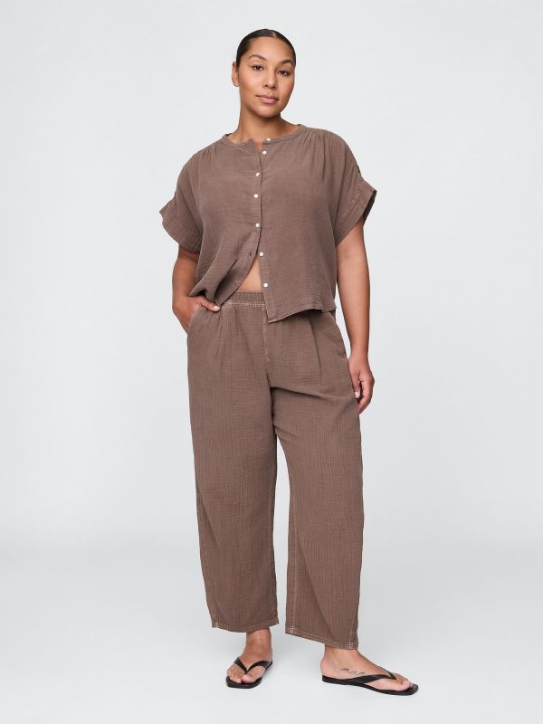 Brown 100% Cotton Crinkle Gauze Easy Barrel Trousers - 图片 5