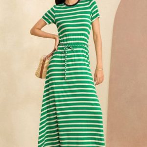 Green Belted Stripe Midi Jersey T-Shirt Dress