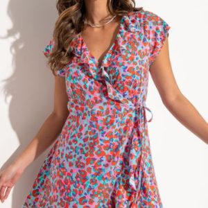 Blue Viscose Frill Wrap Beach Dress