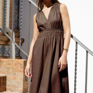 Brown Linen Blend V-Neck Sleeveless Ruched Midi Dress